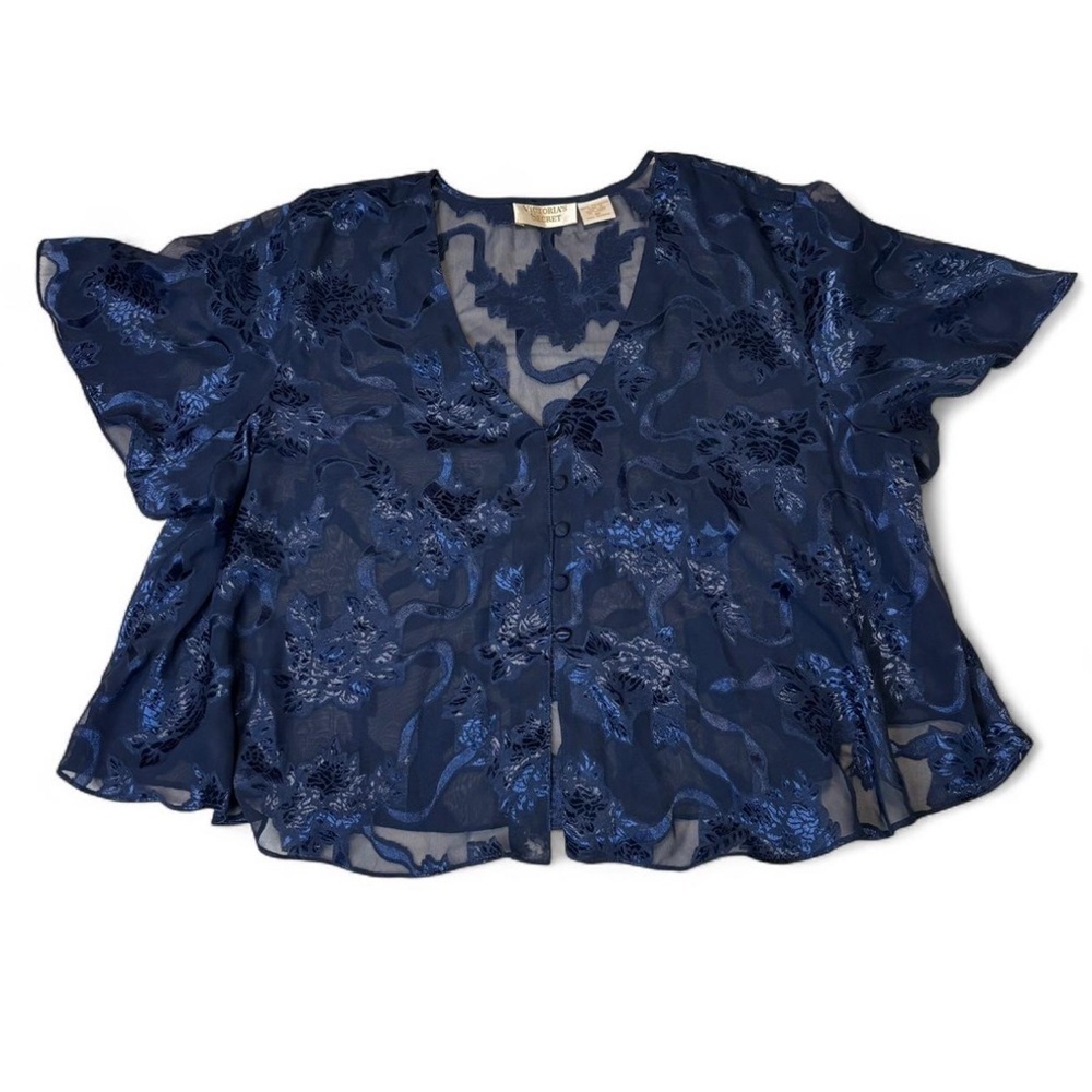 VTG Victoria’s Secret Sheer Burnout Floral Blouse Blue Mesh Button M Fairycore - Picture 3 of 5